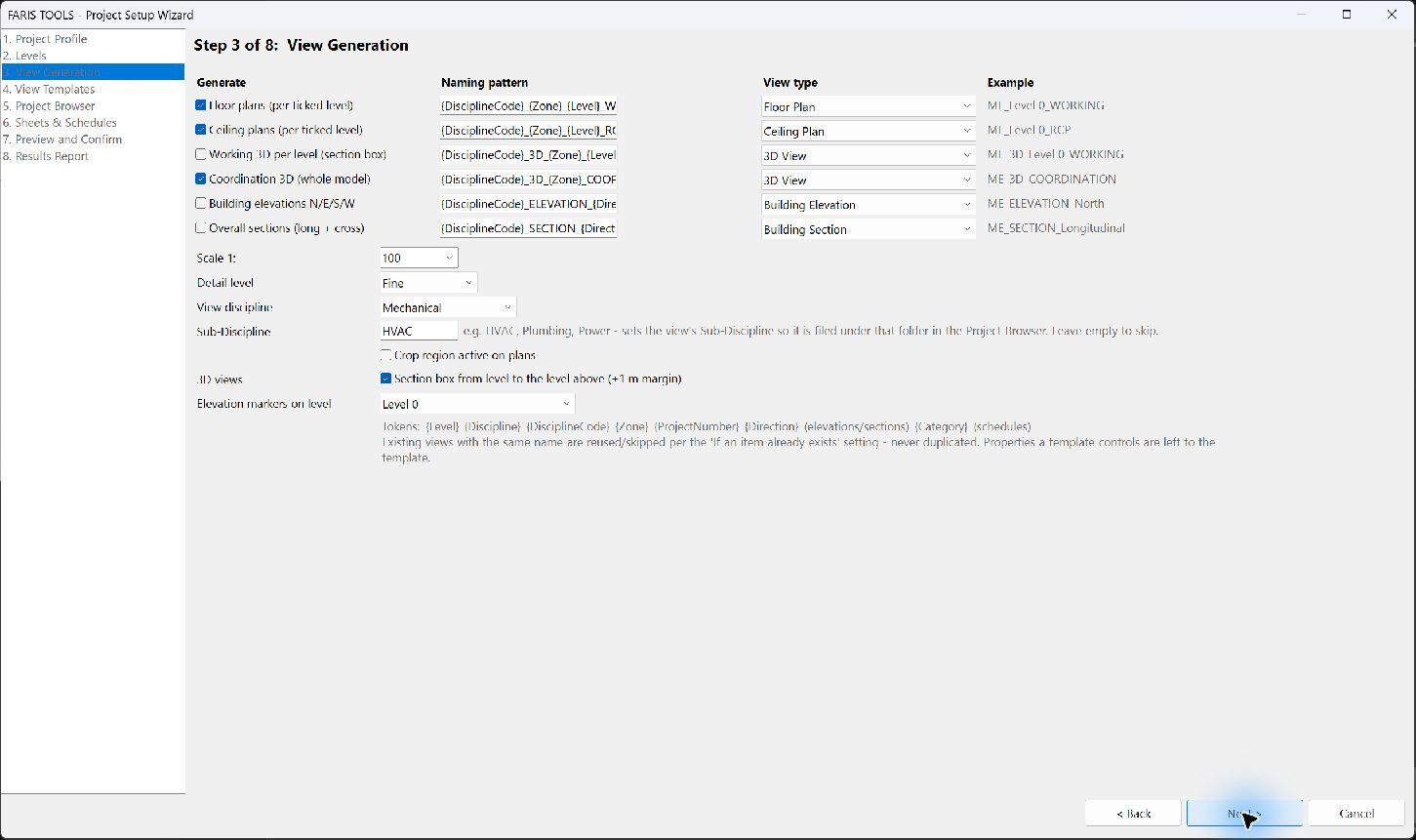 Wizard view generation settings with naming patterns, view types and example names.